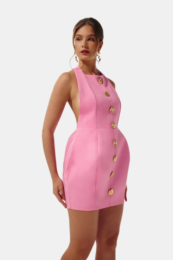 Halter Neck Mini Dress – Open Back, Fitted & Appliqué Detail
