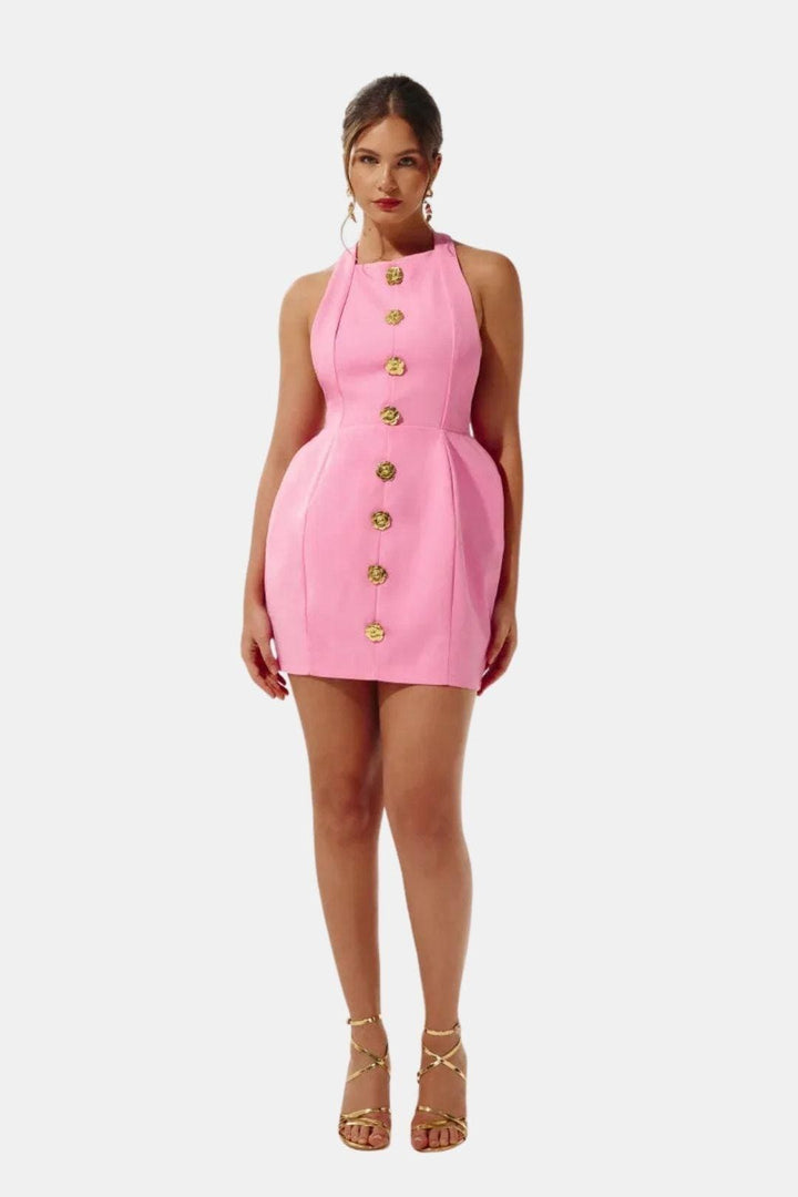 Halter Neck Mini Dress – Open Back, Fitted & Appliqué Detail