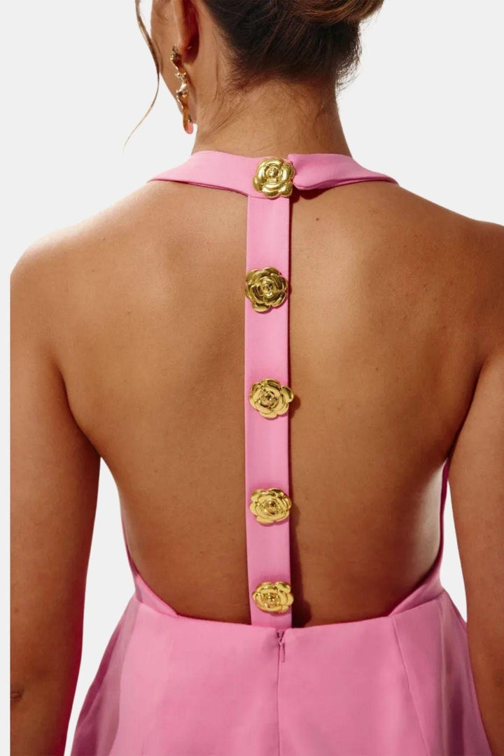 Halter Neck Mini Dress – Open Back, Fitted & Appliqué Detail