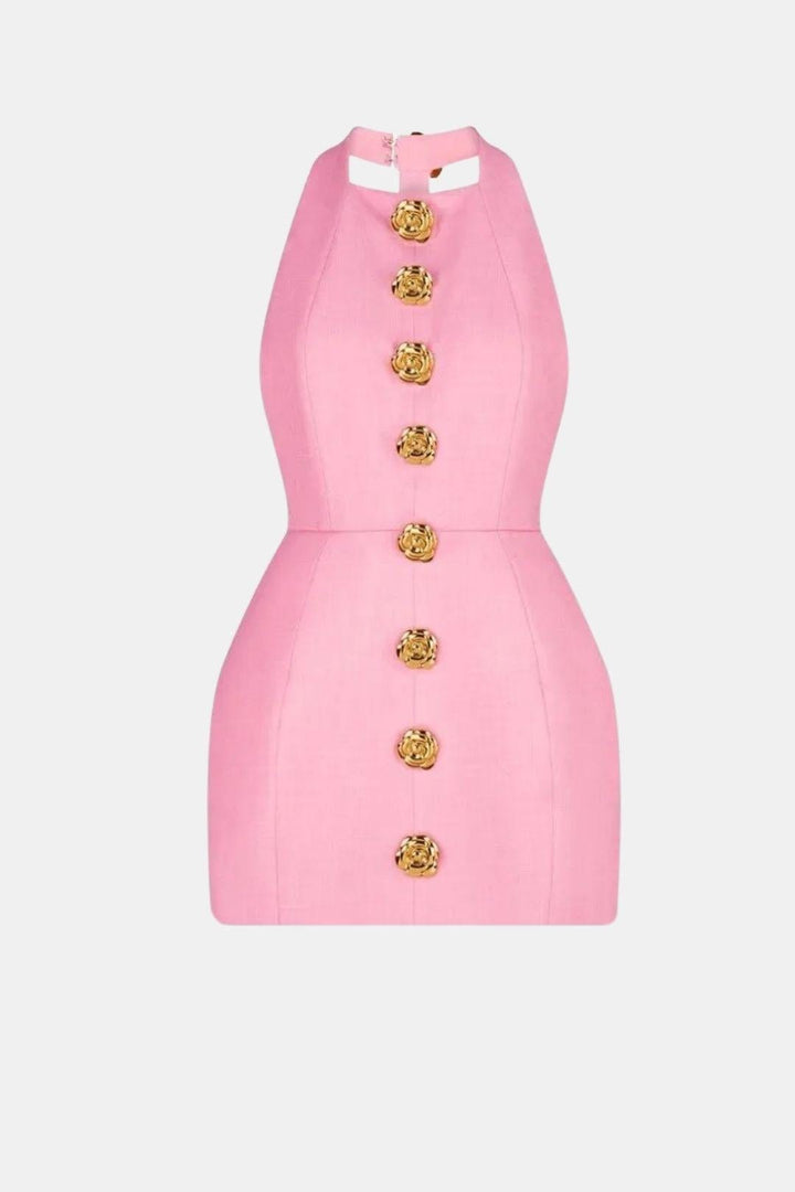Halter Neck Mini Dress – Open Back, Fitted & Appliqué Detail