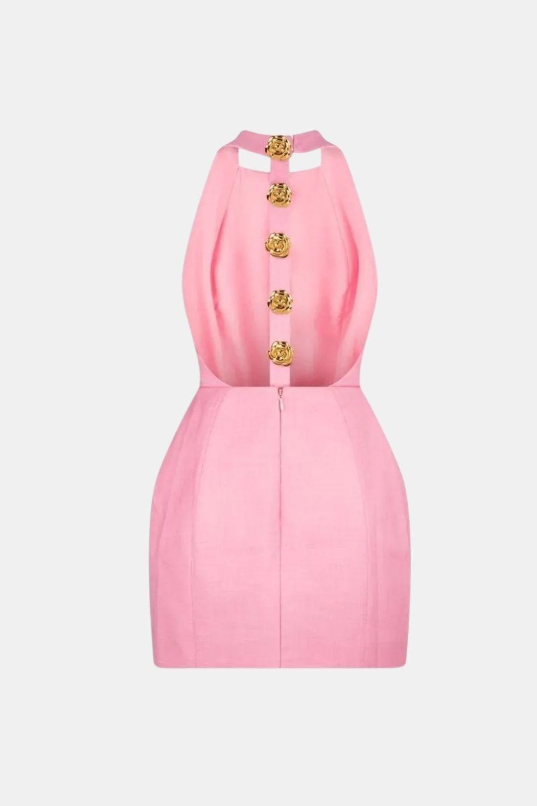 Halter Neck Mini Dress – Open Back, Fitted & Appliqué Detail