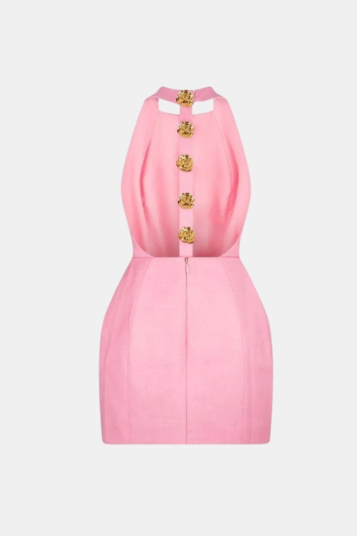 Halter Neck Mini Dress – Open Back, Fitted & Appliqué Detail
