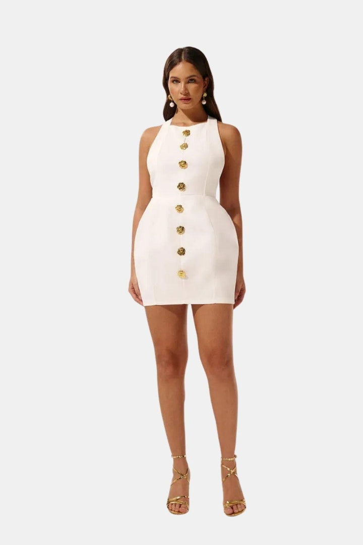 Halter Neck Mini Dress – Open Back, Fitted & Appliqué Detail