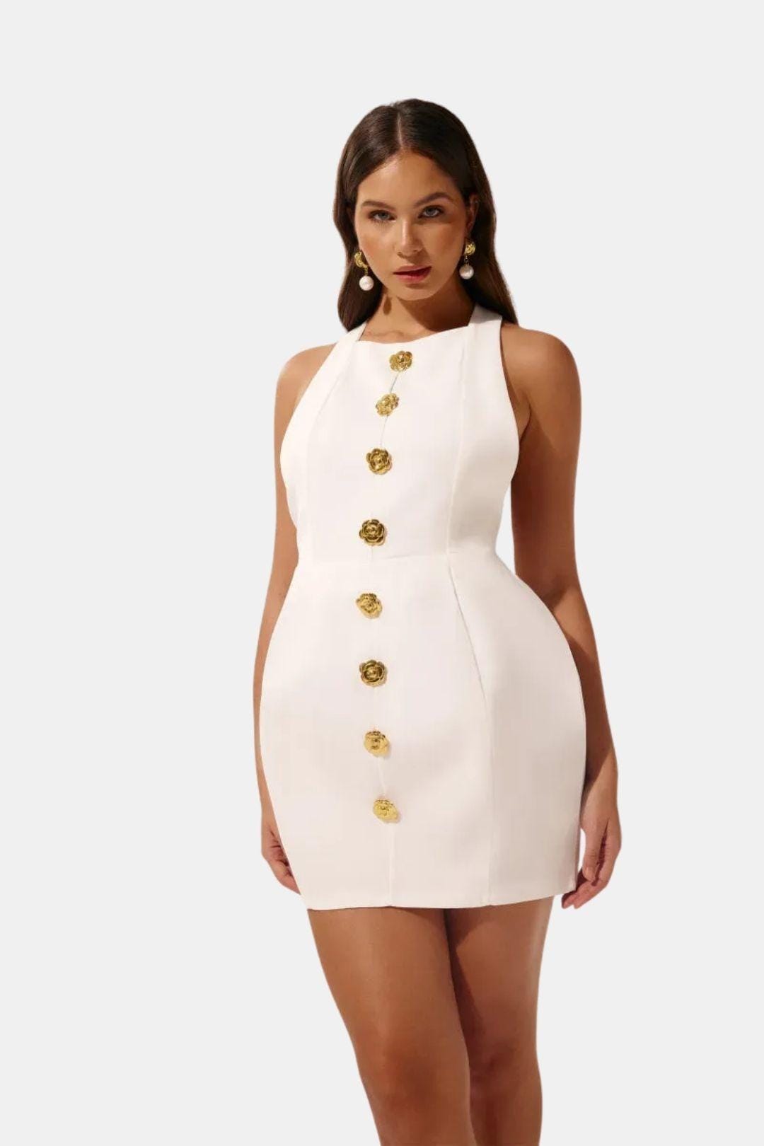Halter Neck Mini Dress – Open Back, Fitted & Appliqué Detail