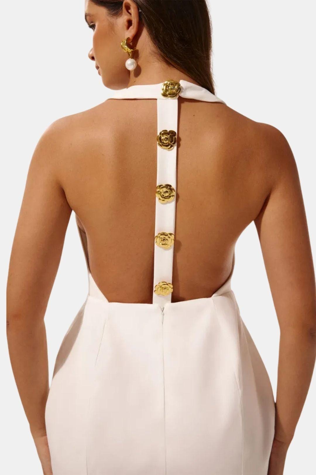 Halter Neck Mini Dress – Open Back, Fitted & Appliqué Detail