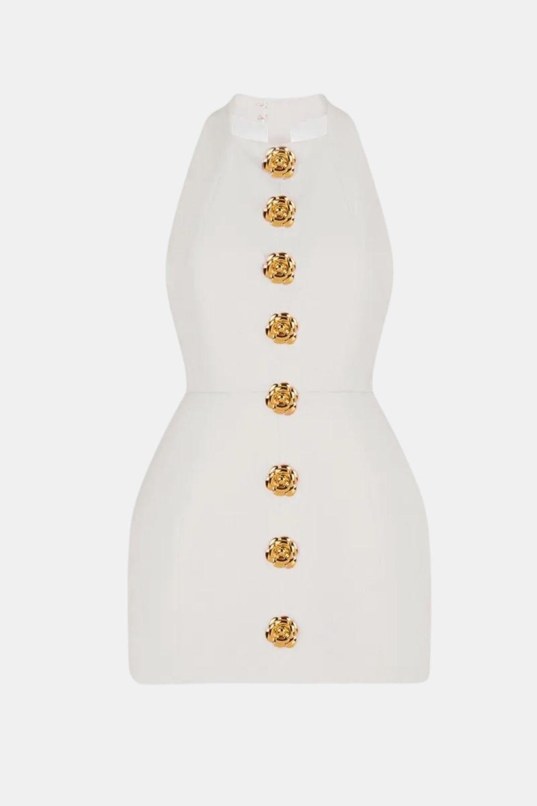 Halter Neck Mini Dress – Open Back, Fitted & Appliqué Detail