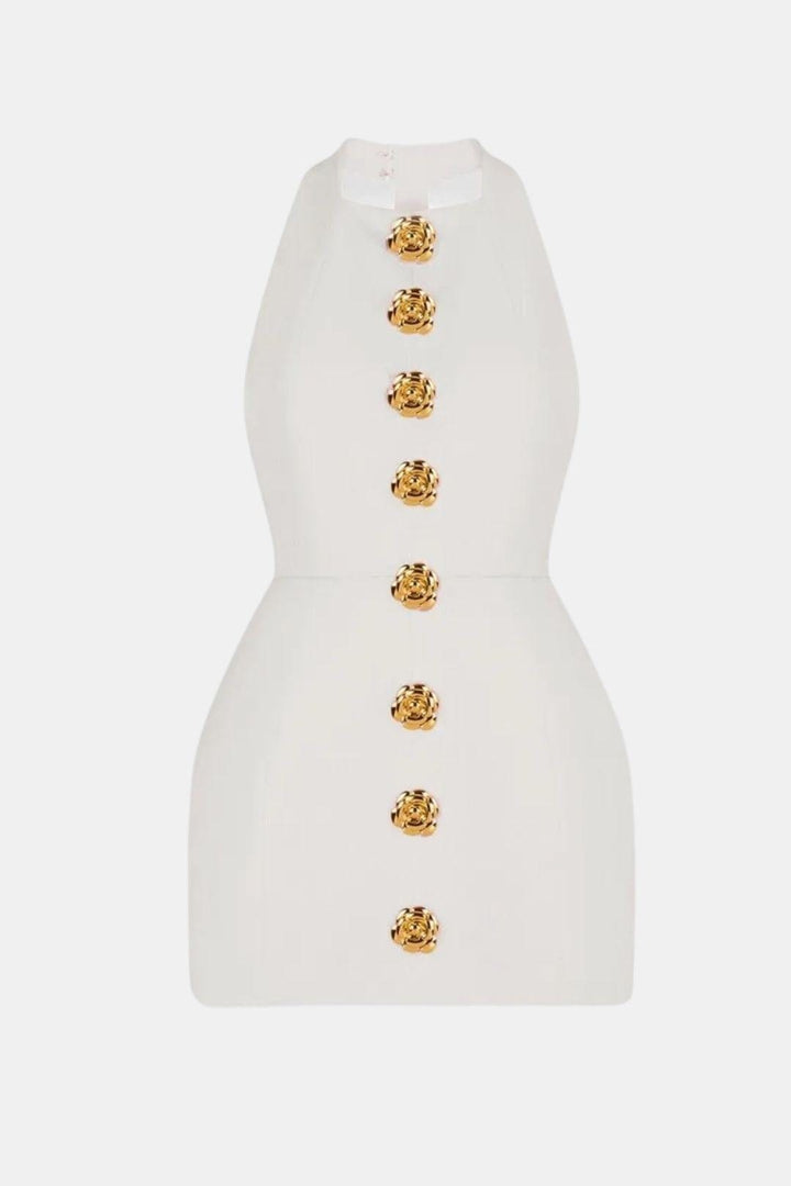 Halter Neck Mini Dress – Open Back, Fitted & Appliqué Detail