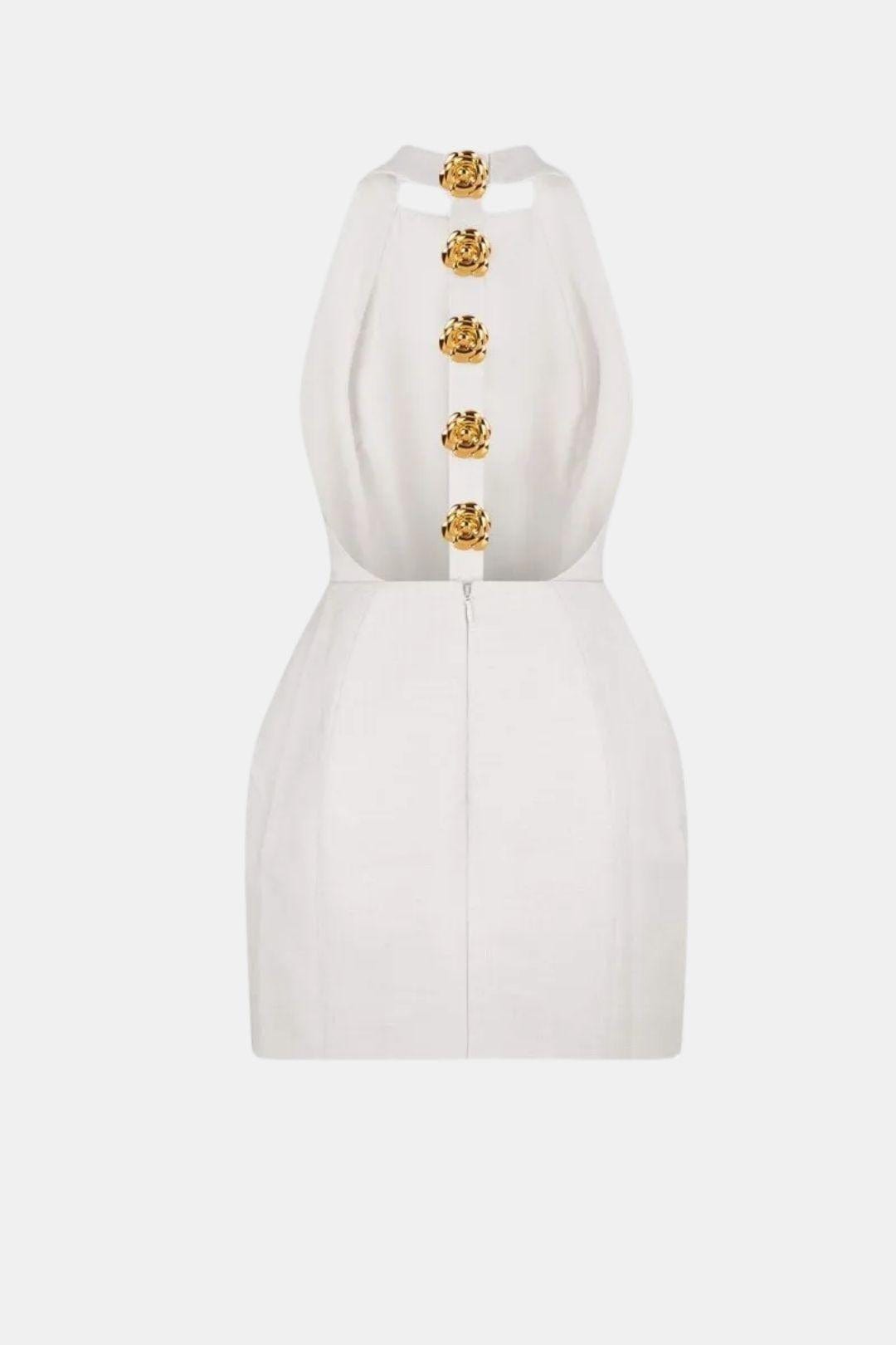 Halter Neck Mini Dress – Open Back, Fitted & Appliqué Detail