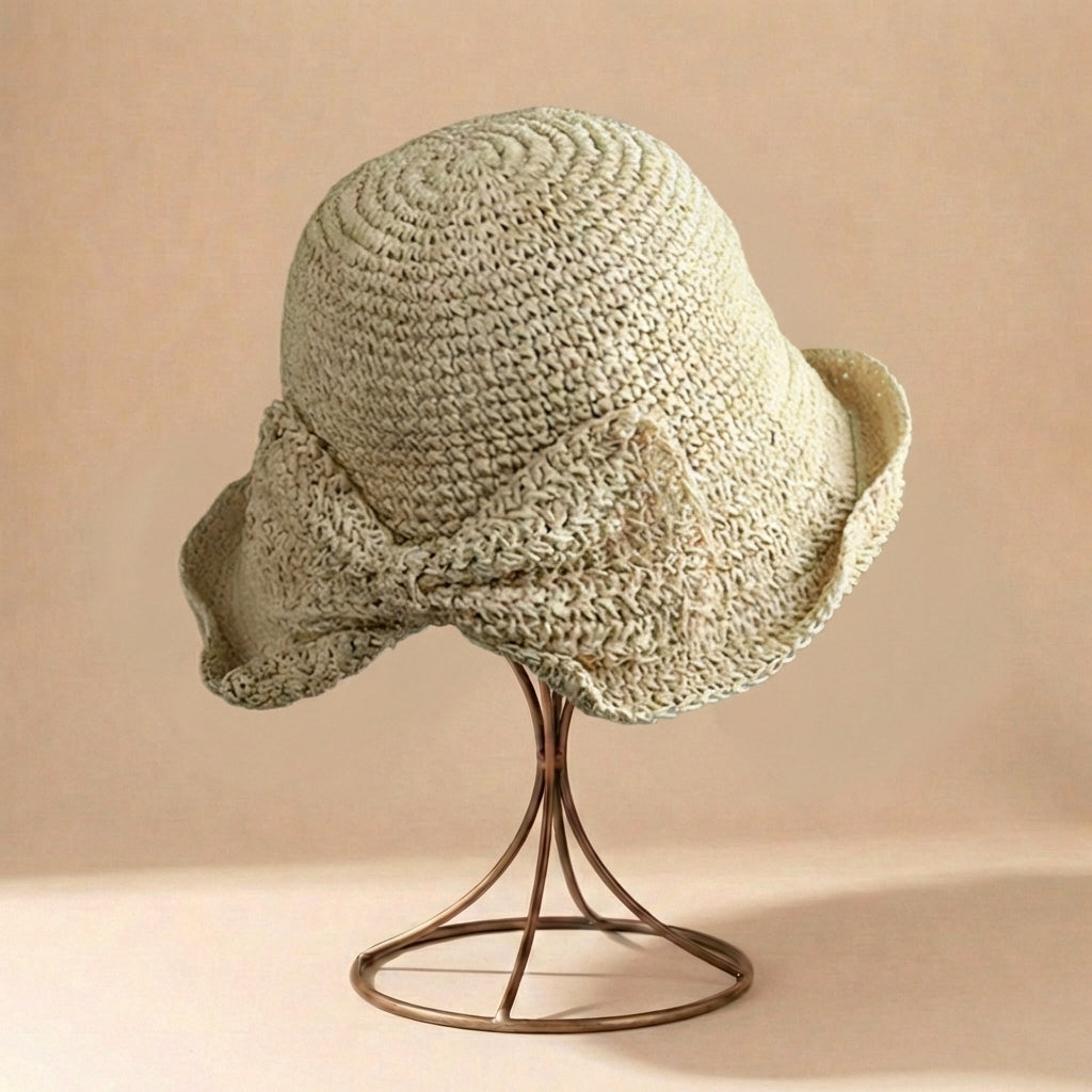 Wide Brim Sun Hat for Women – Braided Texture with Bow Detail