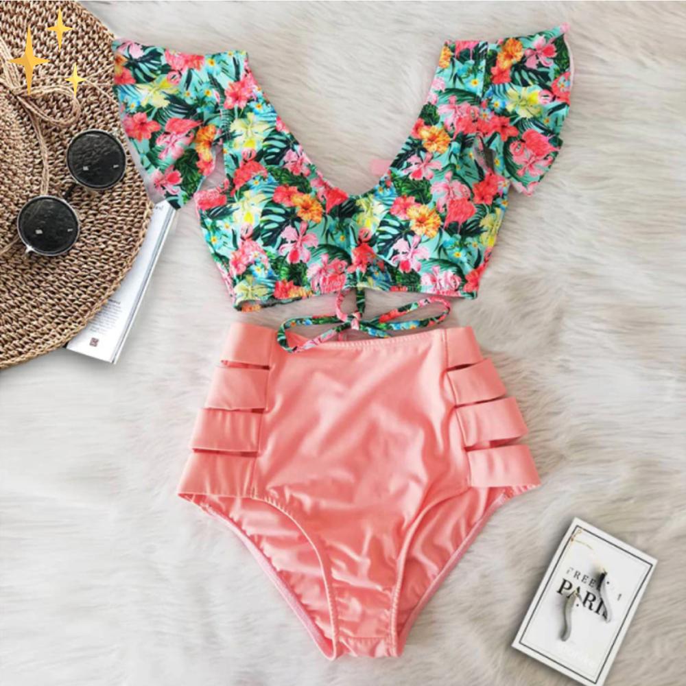 Ruffle Bikini Set – Tropical Print Bow Top & High Waist Bottom