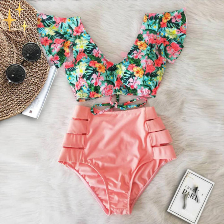 Ruffle Bikini Set – Tropical Print Bow Top & High Waist Bottom