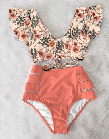 Ruffle Bikini Set – Tropical Print Bow Top & High Waist Bottom