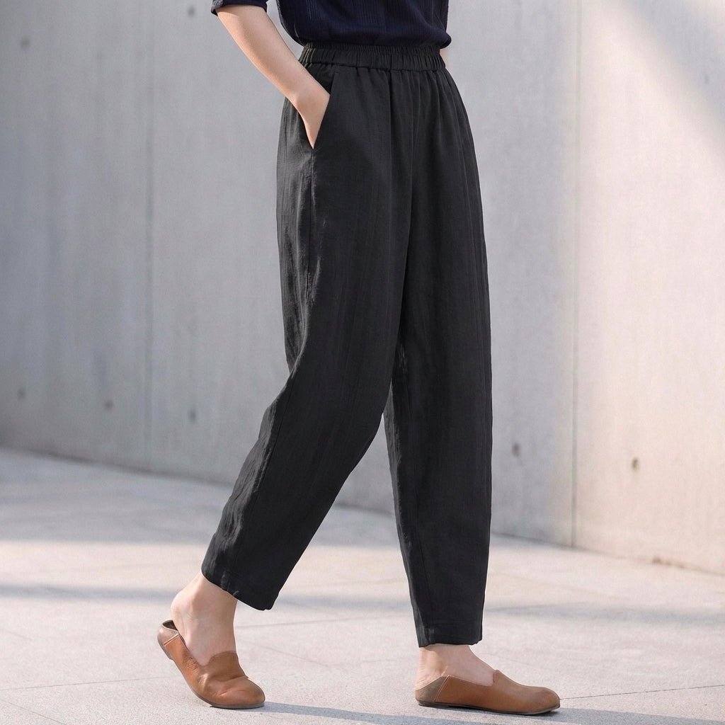 Women's Linen Blend Tapered Ankle Trousers – Relaxed Fit