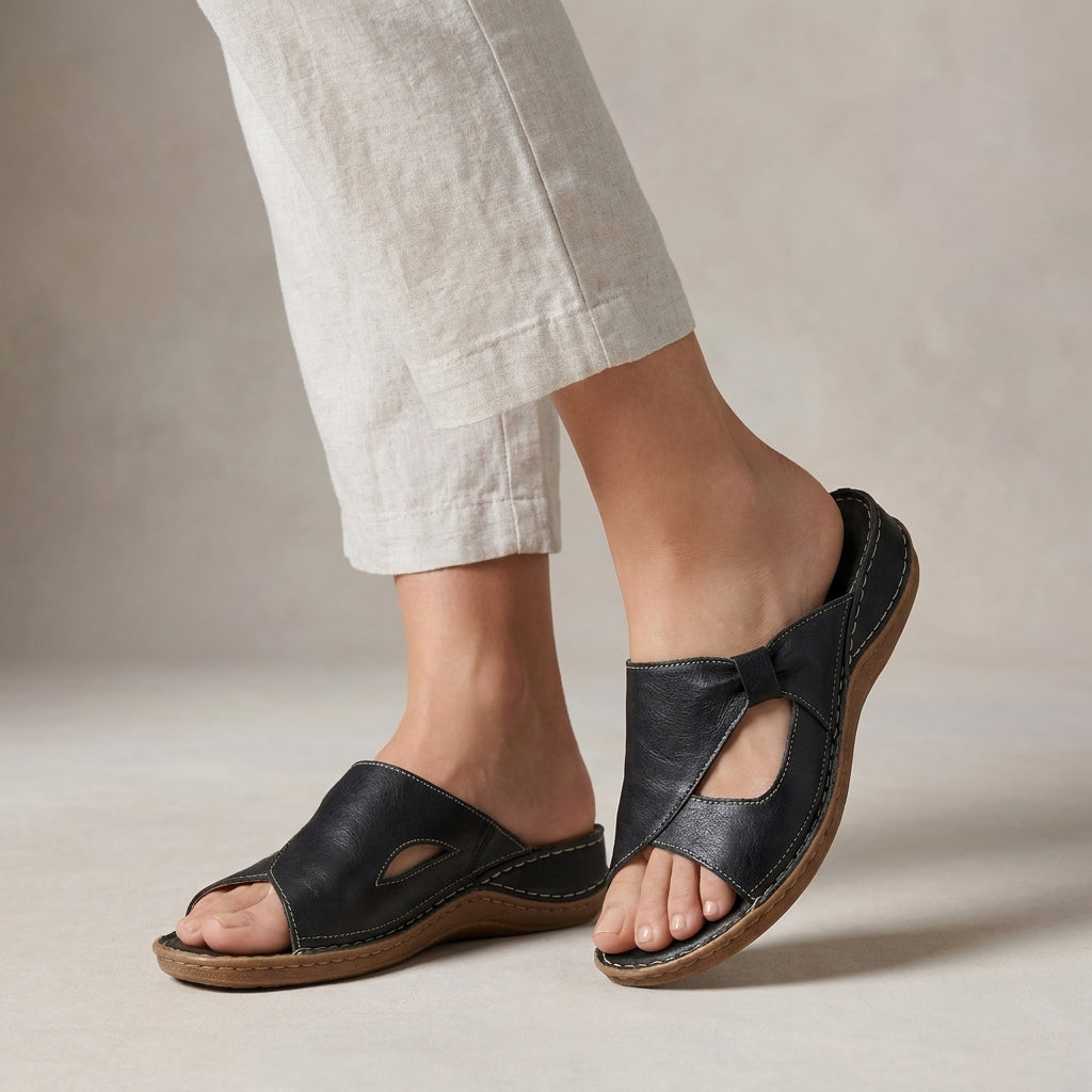 Open-Toe Fish Mouth Flat Sandals with Cut-Out Strap – Women's Wide