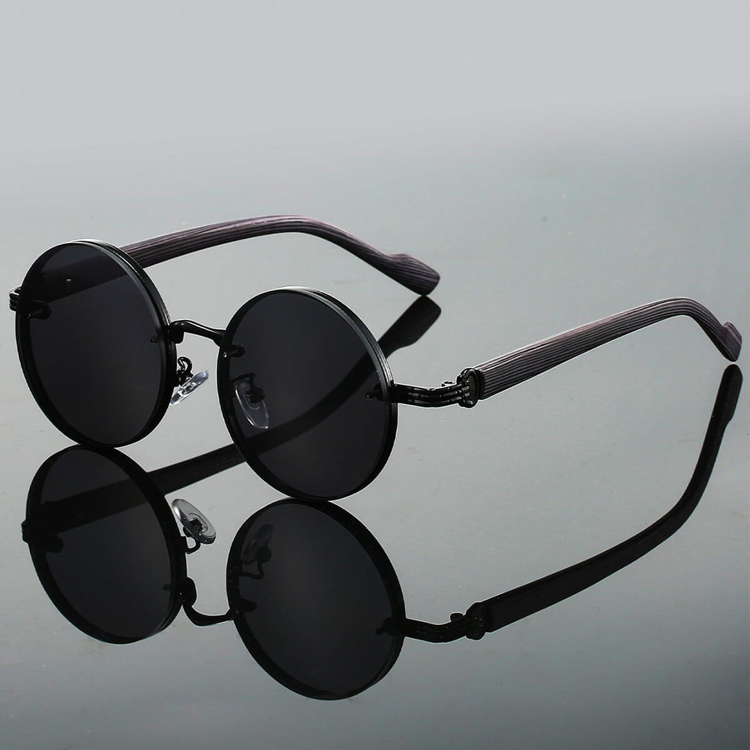 Round Tinted Sunglasses – Metal Frames with Wood-Effect Temples