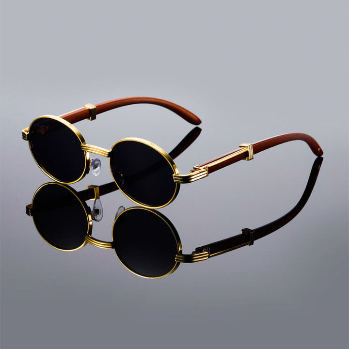 Oval Retro Sunglasses – Wood Temples Metal Frame UV400 Unisex Style