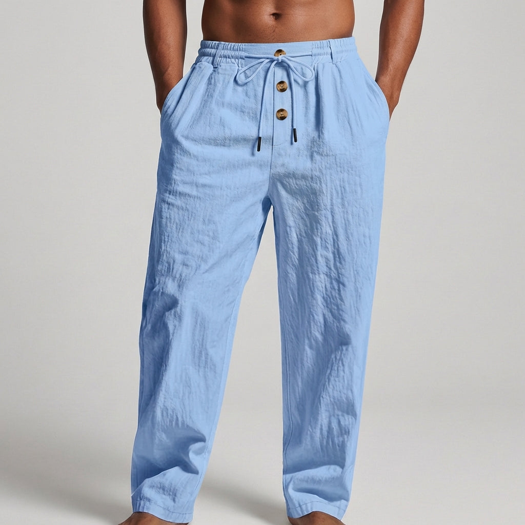 Men's Premium Linen Wide-Leg Trousers – Drawstring Waist Button Fly