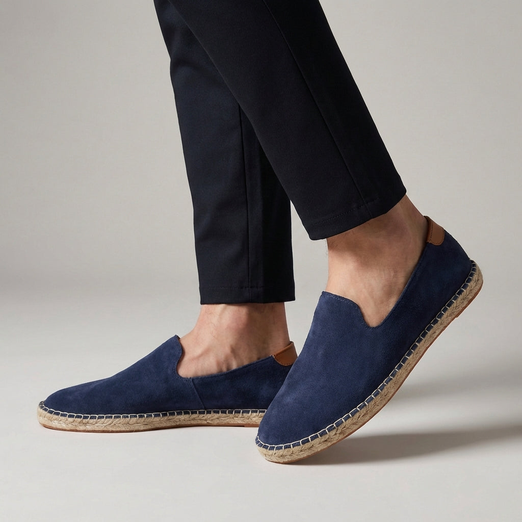 Men's Suede Slip-On Espadrilles Jute Rope Sole – Blanket Stitch Heel