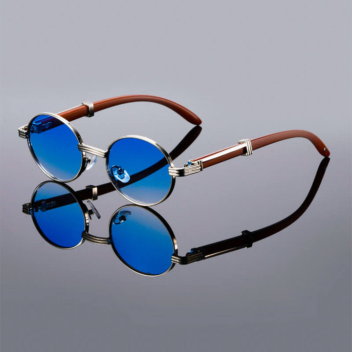 Oval Retro Sunglasses – Wood Temples Metal Frame UV400 Unisex Style