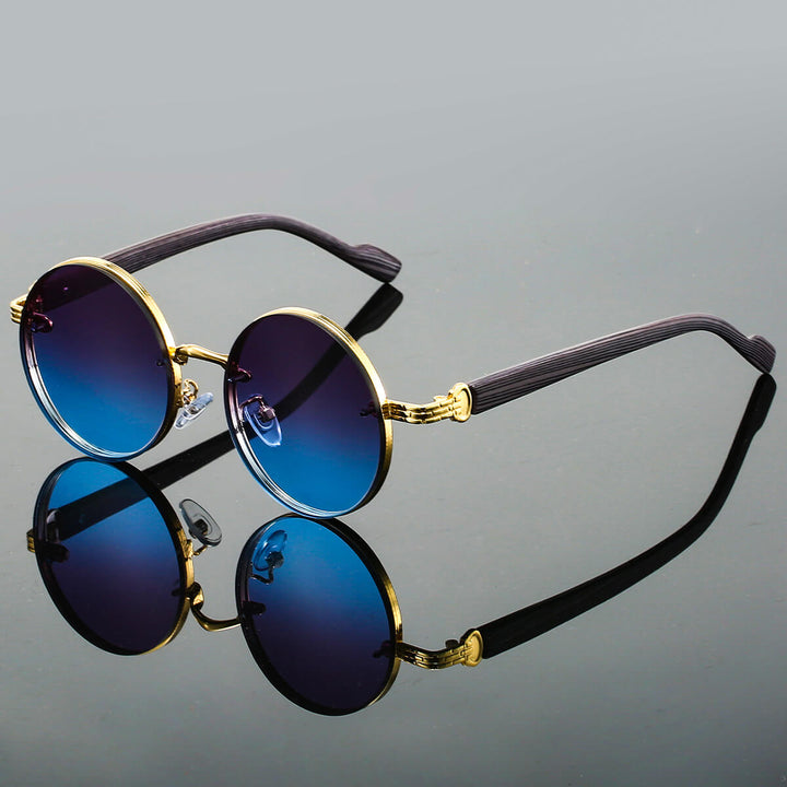 Round Tinted Sunglasses – Metal Frames with Wood-Effect Temples