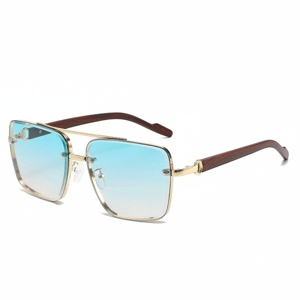 Aviator Sunglasses Metal Double Beam Frame – Wood Grain Temple