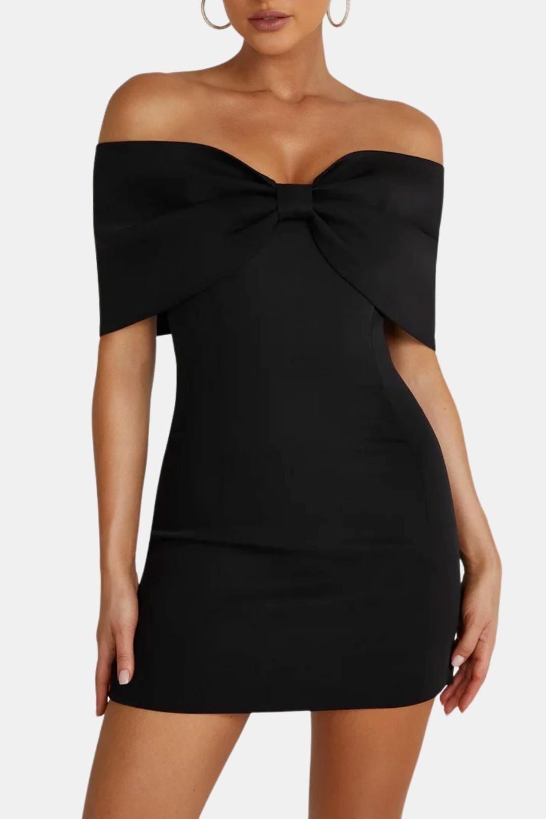 Women's Off-Shoulder Fitted Mini Dress – Front Bow Detail