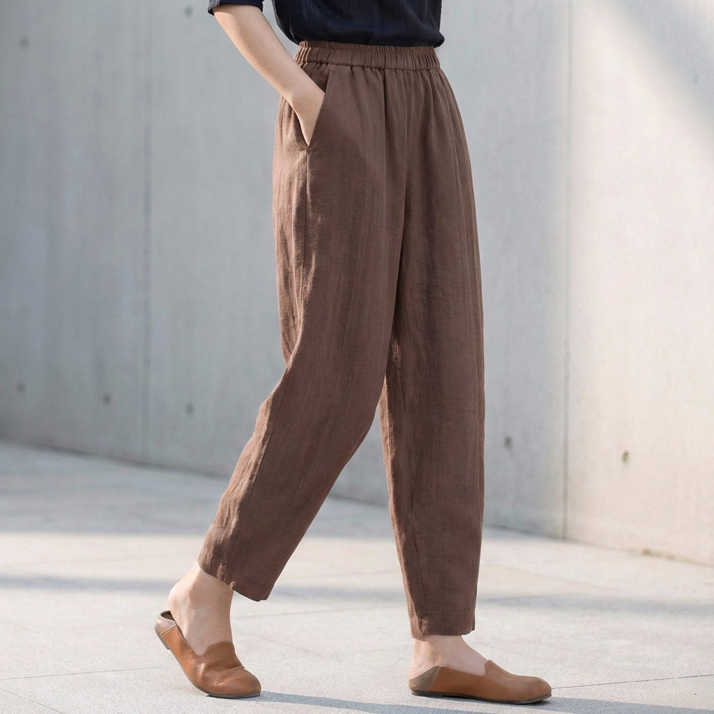 Women's Linen Blend Tapered Ankle Trousers – Relaxed Fit