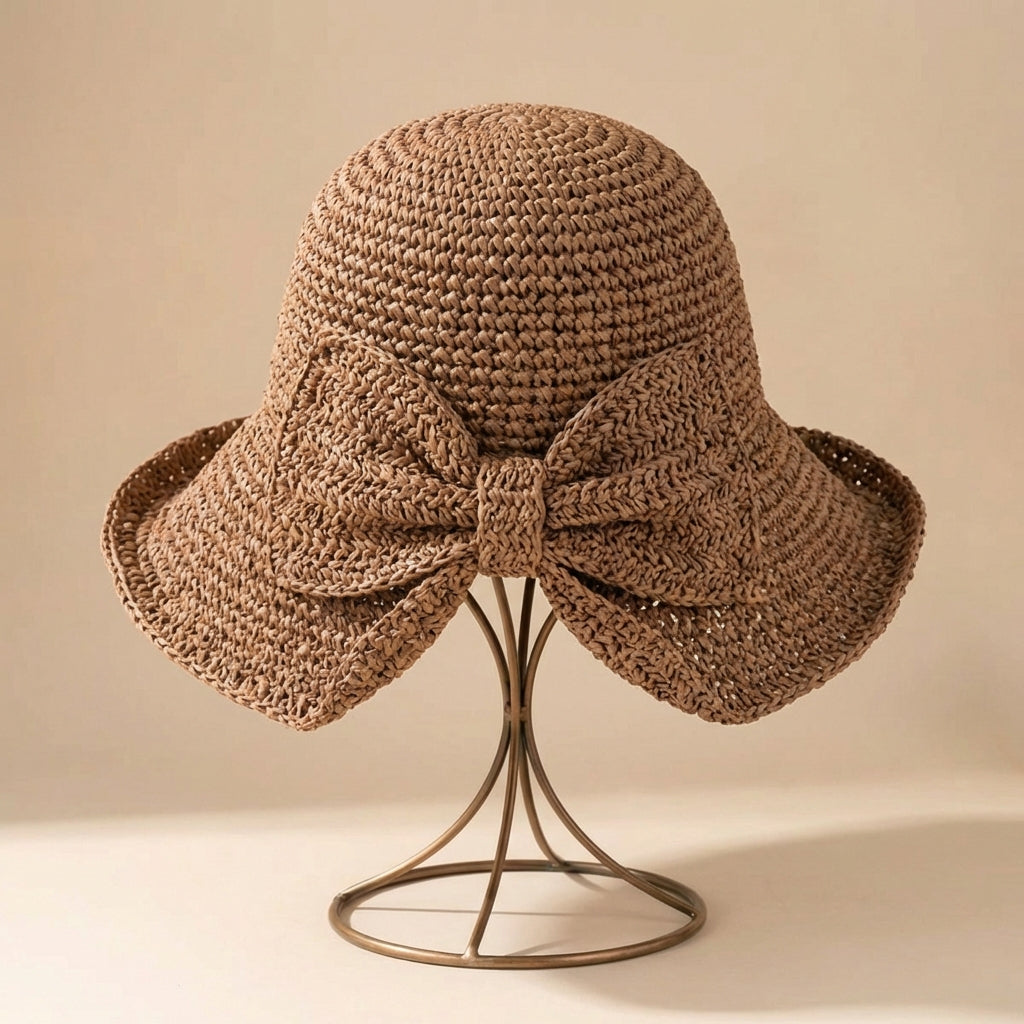 Wide Brim Sun Hat for Women – Braided Texture with Bow Detail
