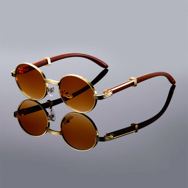 Oval Retro Sunglasses – Wood Temples Metal Frame UV400 Unisex Style
