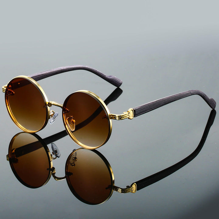 Round Tinted Sunglasses – Metal Frames with Wood-Effect Temples