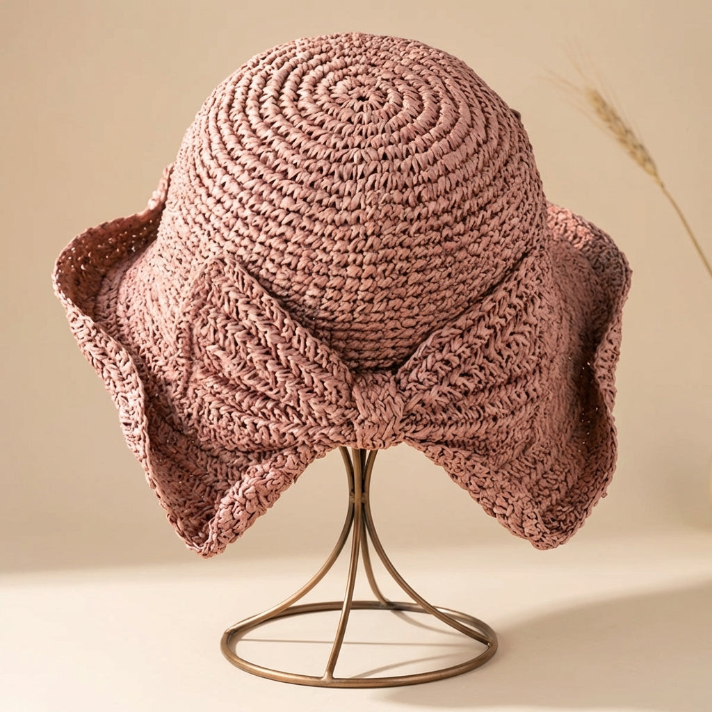 Wide Brim Sun Hat for Women – Braided Texture with Bow Detail