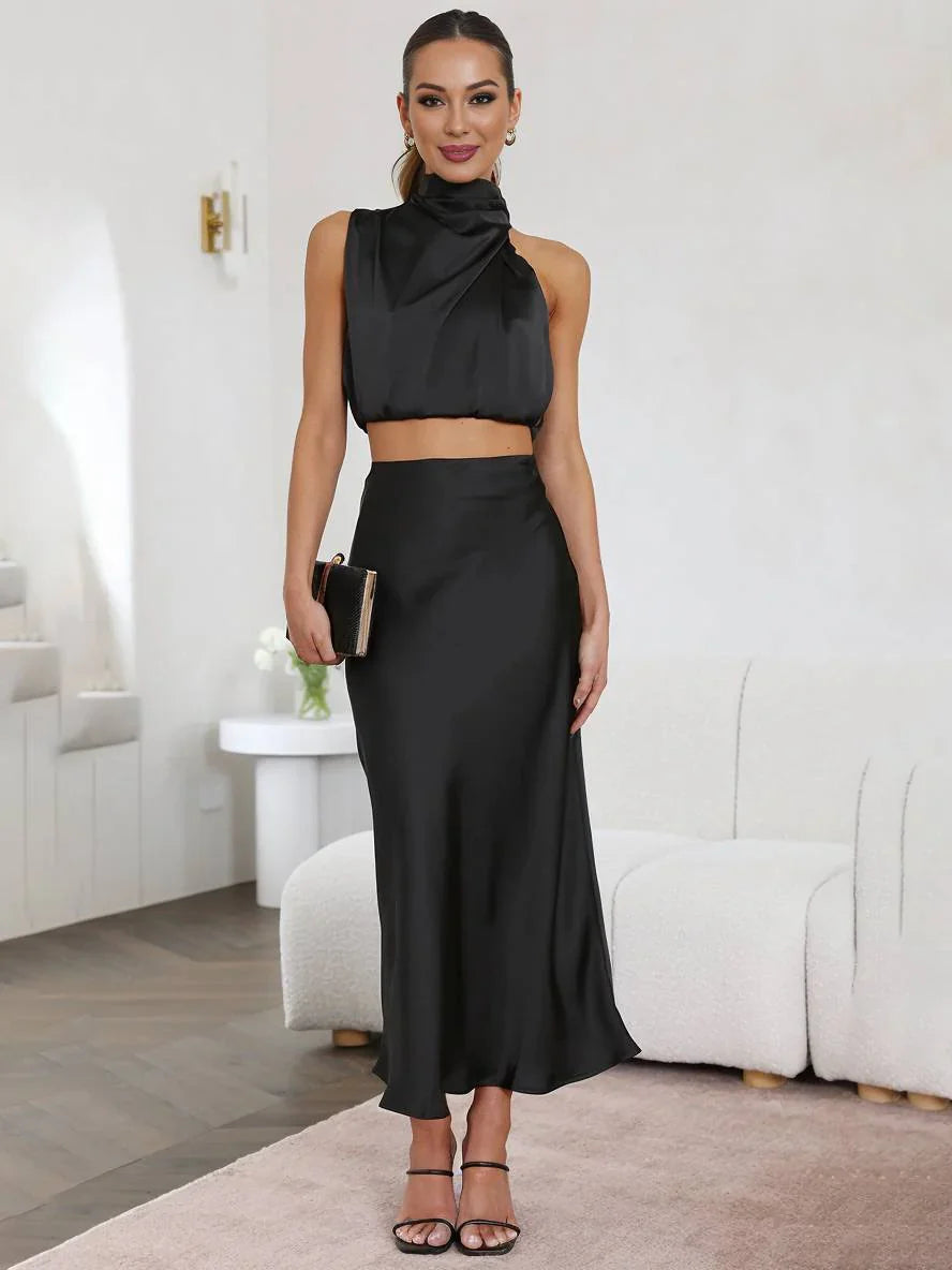 Two Piece Set Women – Halter Neck Open Back Maxi Skirt