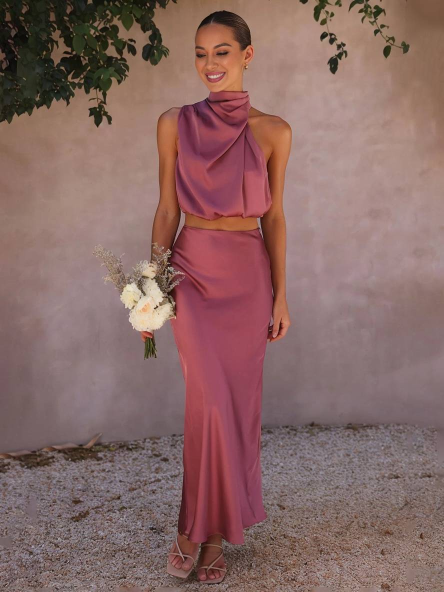 Two Piece Set Women – Halter Neck Open Back Maxi Skirt