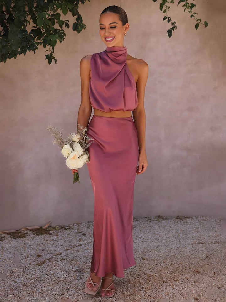 Two Piece Set Women – Halter Neck Open Back Maxi Skirt