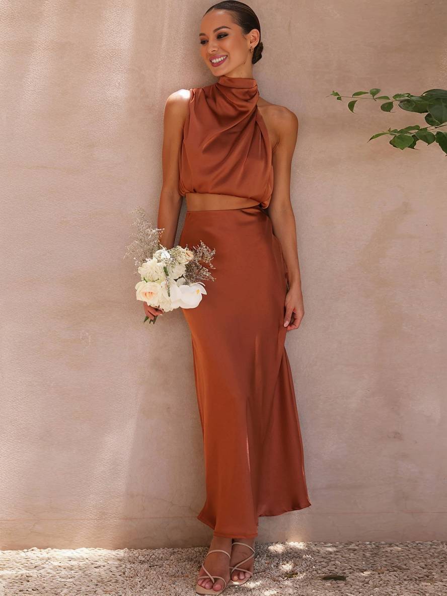 Two Piece Set Women – Halter Neck Open Back Maxi Skirt