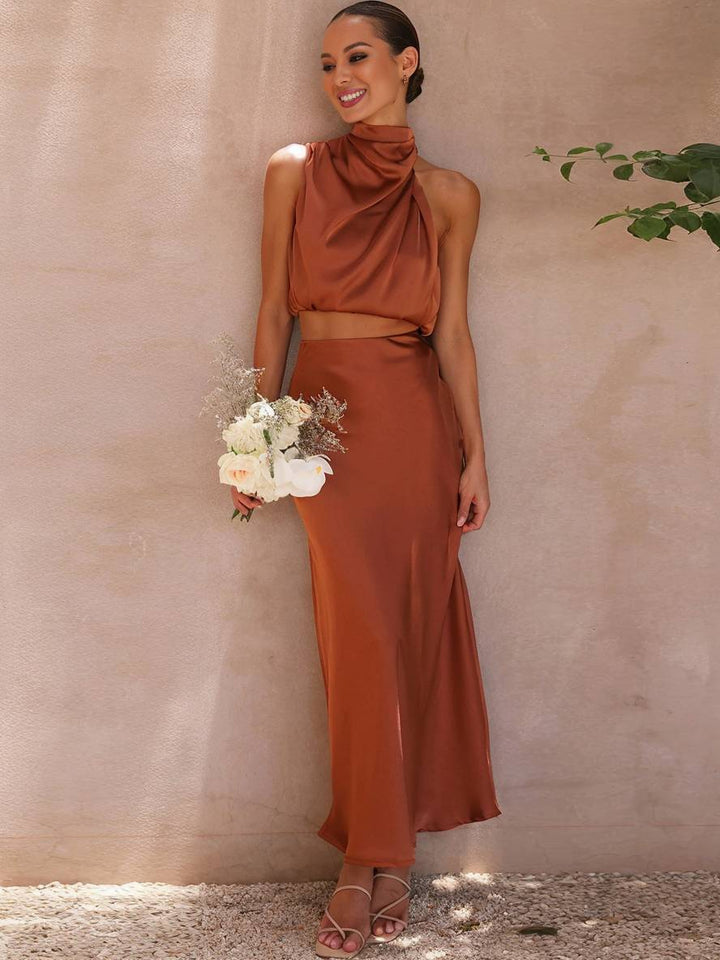 Two Piece Set Women – Halter Neck Open Back Maxi Skirt