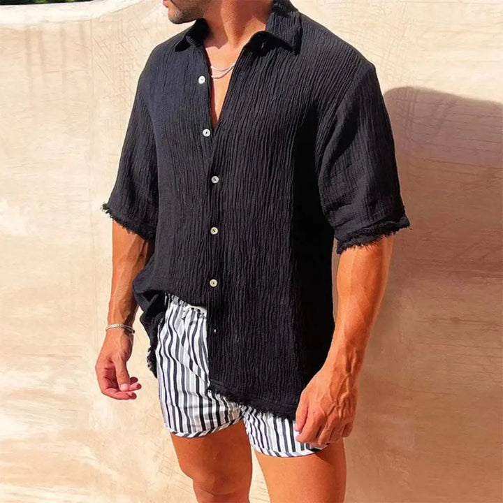 Men's Crinkle Texture Shirt – Button Front & Frayed Edge Detail