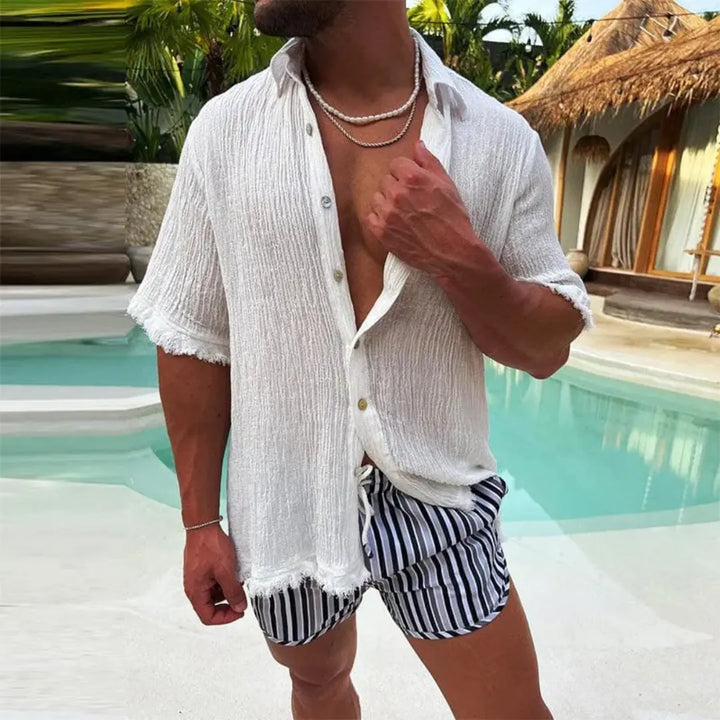 Men's Crinkle Texture Shirt – Button Front & Frayed Edge Detail