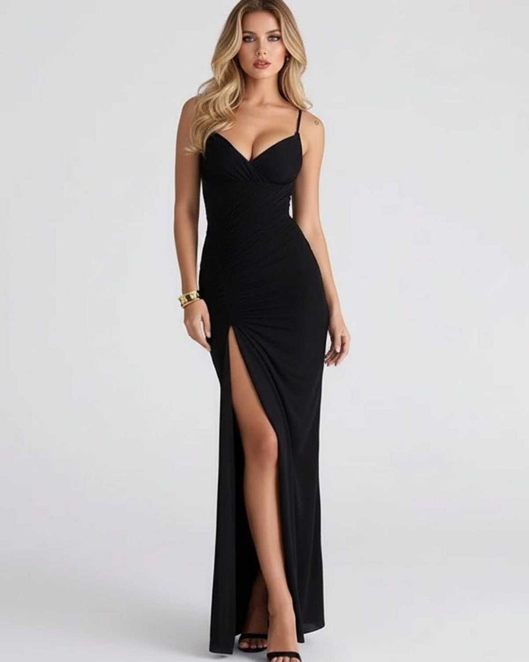 Women's Bodycon Maxi Dress Spaghetti Straps – Contoured Bust High Split