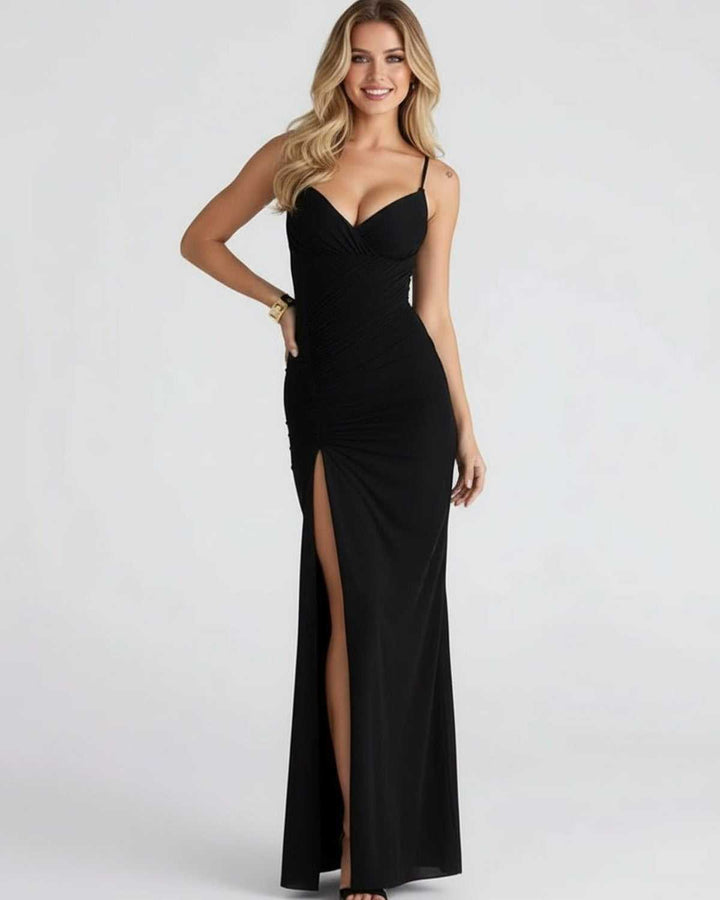 Women's Bodycon Maxi Dress Spaghetti Straps – Contoured Bust High Split