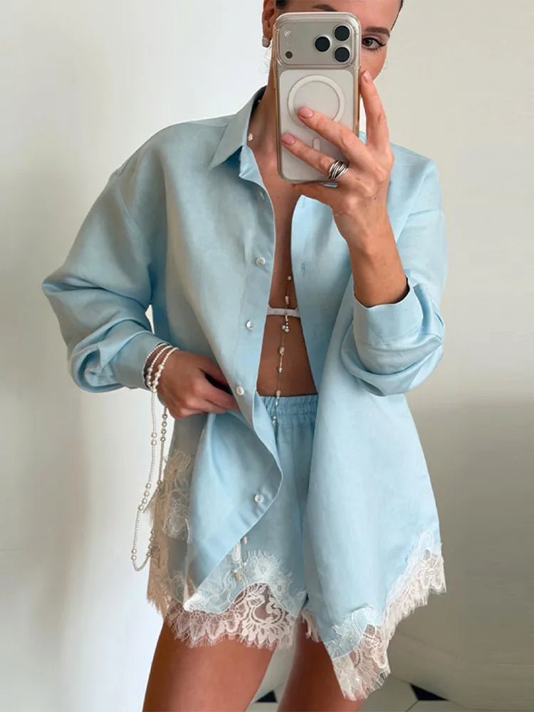 Women's Two Piece Set – Lace Patchwork Beach Blouse and Shorts