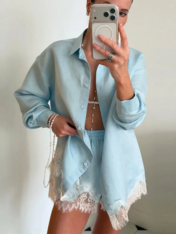 Women's Two Piece Set – Lace Patchwork Beach Blouse and Shorts