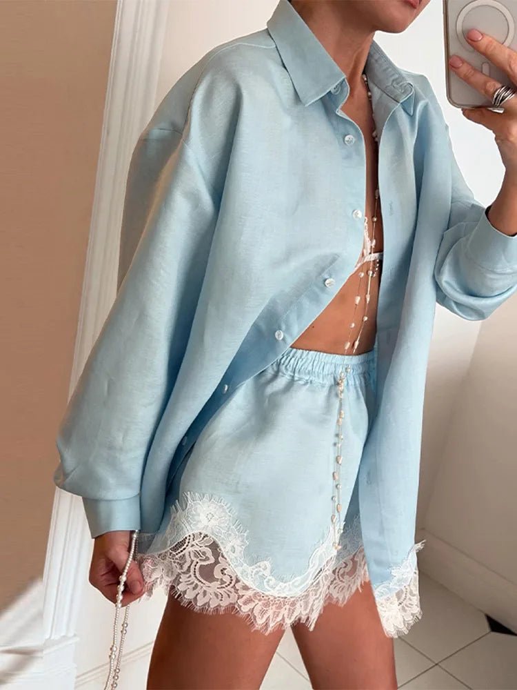Women's Two Piece Set – Lace Patchwork Beach Blouse and Shorts