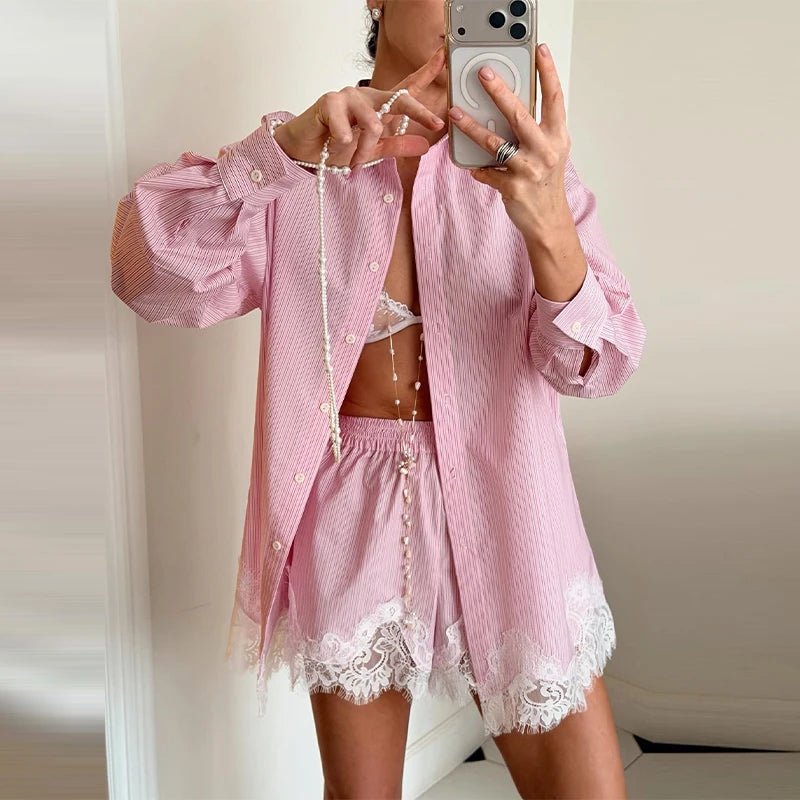 Women's Two Piece Set – Lace Patchwork Beach Blouse and Shorts