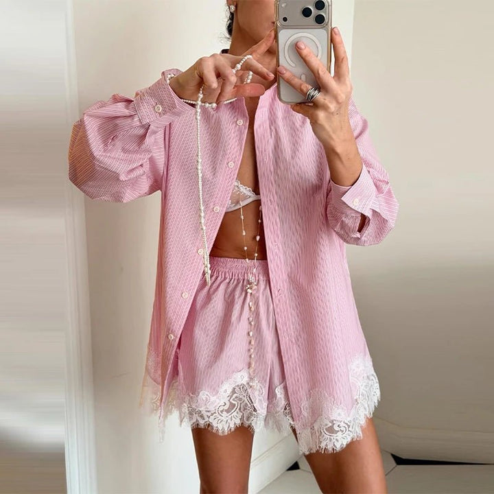 Women's Two Piece Set – Lace Patchwork Beach Blouse and Shorts