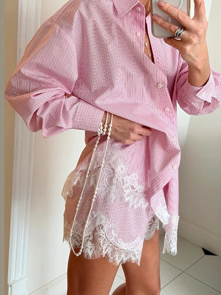 Women's Two Piece Set – Lace Patchwork Beach Blouse and Shorts