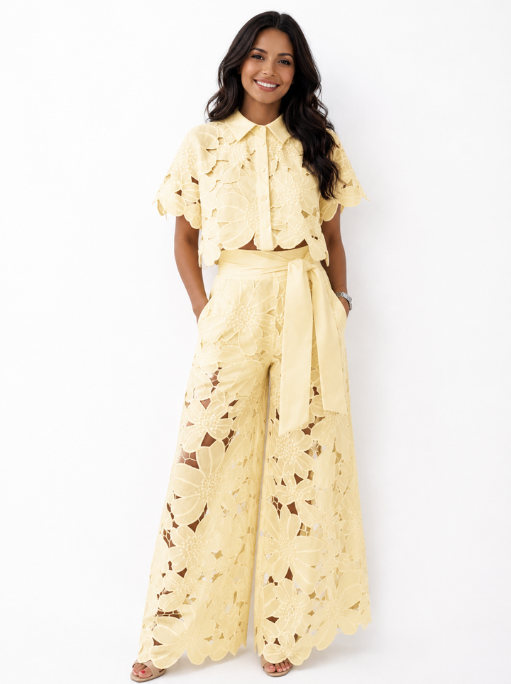 Floral Lace Two Piece Set – Tied Waist Wide-Leg Pants