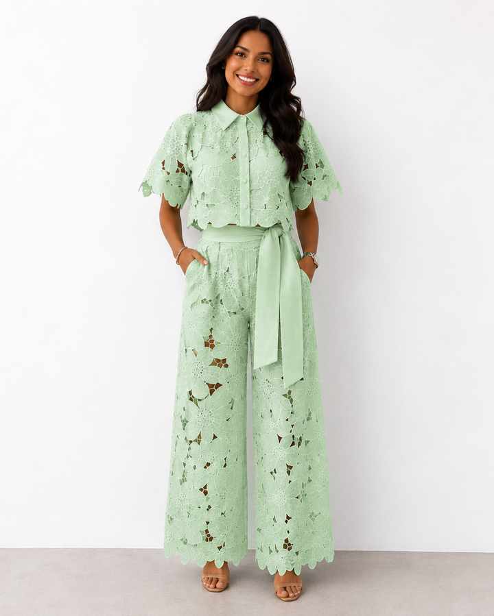 Floral Lace Two Piece Set – Tied Waist Wide-Leg Pants