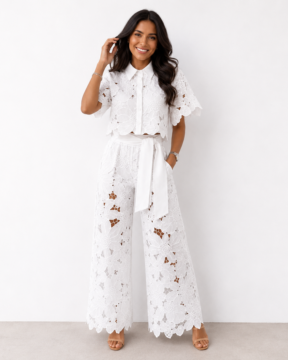 Floral Lace Two Piece Set – Tied Waist Wide-Leg Pants
