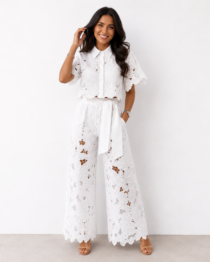 Floral Lace Two Piece Set – Tied Waist Wide-Leg Pants
